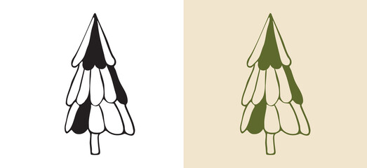 Simple hand-drawn doodle style vector illustration of a layered pine or spruce tree, perfect for seasonal designs. Use as a graphic element on holiday cards, festive backgrounds, gift tags and more.