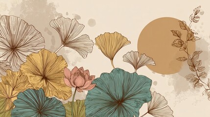 Floral and botanical line art background. Summer tone with tropical leafy , lotus flower, ginkgo leaves, branch vector. Watercolor wallpaper and circle sun for banner, prints, poster, wall art., no l