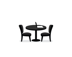 Fototapeta premium Minimalist vector illustration of a workspace with a round table, two chairs, and a laptop