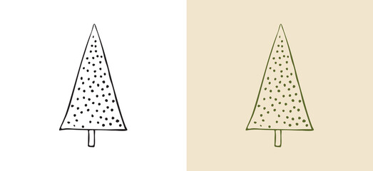 Minimalist hand-drawn doodle vector illustration of a  triangle tree shape with dot texture. Excellent for holiday branding, seasonal web icons, festive digital banners, or any winter-themed project.