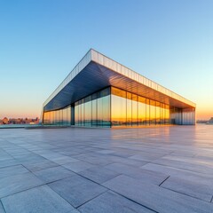 Obraz premium Modern Glass Building Reflecting Sunset, architecture, cityscape