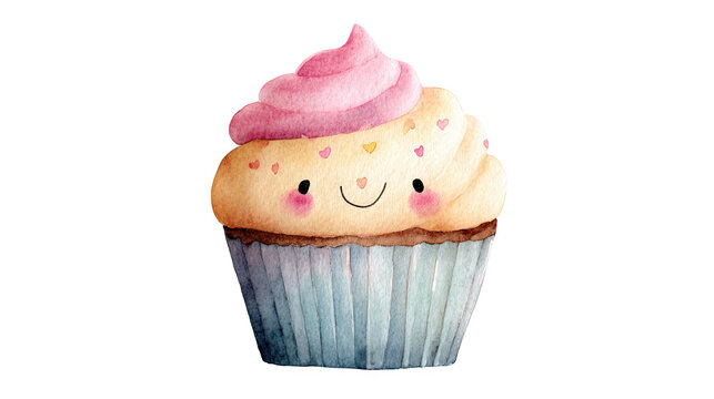 Watercolor cute cupcake with smiling face and pink frosting illustration transparent background
