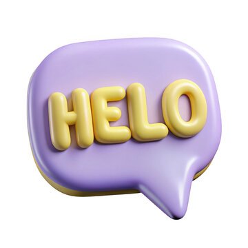 Friendly yellow "helo" text inside a purple 3d speech bubble graphic