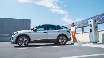 Stylish electric vehicle is being charged at solar powered charging station on rooftop under clear blue sky. Young woman enjoys eco friendly atmosphere, highlighting green technology trends - Powered by Adobe