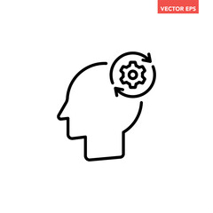 Black single human head with circular gear line icon, simple adaptation processing idea  flat design pictogram vector for app ads web button ui interface elements isolated on white background