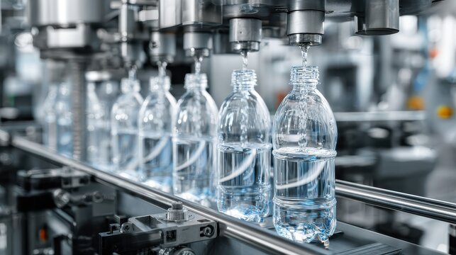 Filling line of plastic bottles, chemical industry, no logos, no brands