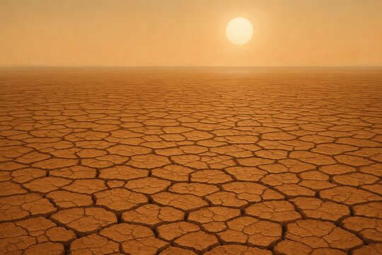 Parched cracked earth under relentless sun heat haze rising from drought stricken landscape - Powered by Adobe