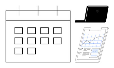 Calendar with grid, open laptop, and clipboard displaying graphs and data insights. Ideal for organization, productivity, scheduling, reporting, research business planning time management. Simple