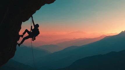 Athletic man climbs an overhanging rock with rope, lead climbing. silhouette of a rock climber on a mountain background. outdoor sports and recreation, no logos, no brands