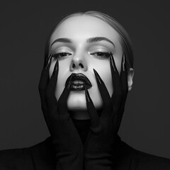 AI generated monochrome fashion portrait of woman with glossy black lips and gloves with long claws. Gothic elegance, mystery and beauty in contrast. This image does not depict real people.