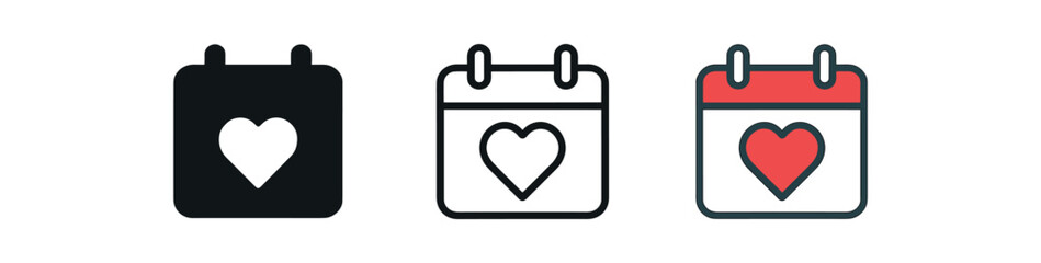 love calendar date icon on white background Black silhouette flat icon outline icon and colored icon style. 1x3 grid. three minimal vector icon style. centered composition clear white space