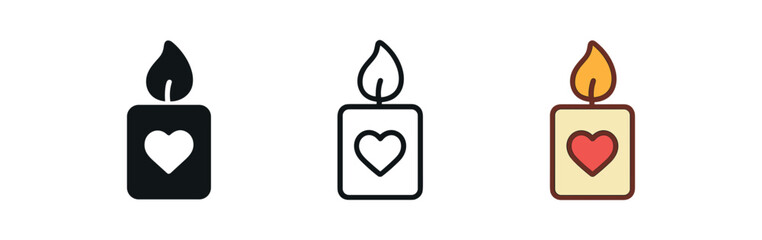 romantic candle icon on white background Black silhouette flat icon outline icon and colored icon style. 1x3 grid. three minimal vector icon style. centered composition clear white space