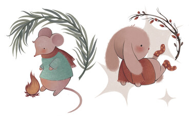 Illustrations of a mouse in a scarf warming its paws by the fire and a rabbit in long socks