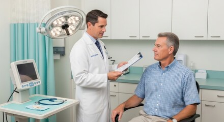 Obraz premium A doctor in a white coat discusses medical information with a seated male patient in a well-lit examination room equipped with medical instruments and an operating light