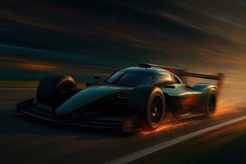 Sleek racing car blasting down track with dramatic motion blur and sparks