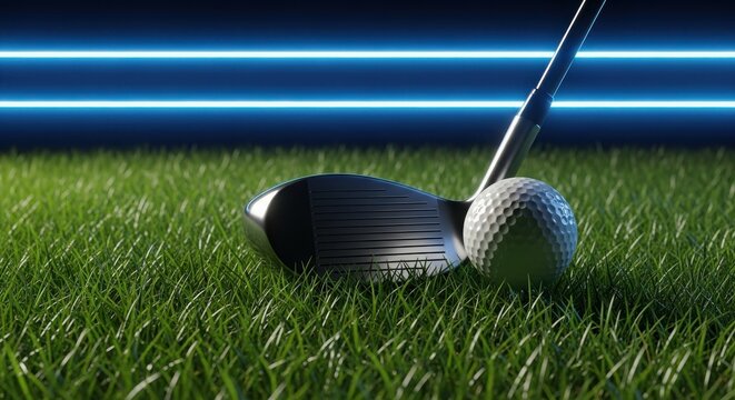 Modern golf club poised to strike ball on green grass with vibrant neon background for sports advertising