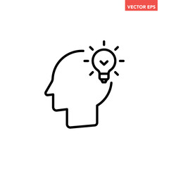 Black single head with bulb line icon, simple head thinking symbol flat design infographic pictogram vector for app logo ads web button ui ux interface elements isolated on white background