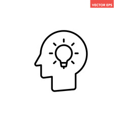 Black single head with bulb line icon, simple head thinking symbol flat design infographic pictogram vector for app logo ads web button ui ux interface elements isolated on white background