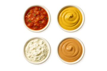 Fototapeta premium Assorted dipping sauces in white bowls top view isolated on clear transparent