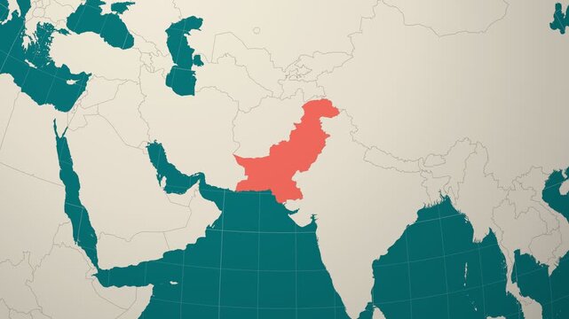 Pakistan map. Animated zoom into the country on the Globe in Teal Pale Mint color palette. Country logo animation. Map with meridians, parallels. Classy video.