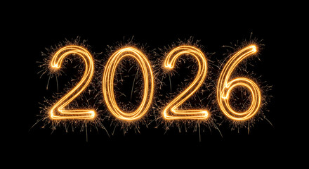 Sparkler text 2026. Golden New Year numbers isolated on a transparent black background