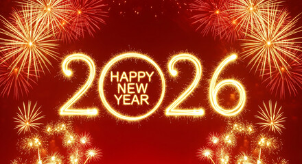 Happy New Year 2026 banner with sparkler typography and golden fireworks on a red background