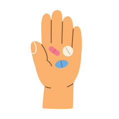 open human hand holding various pills, capsules, and vitamin tablets; healthcare, medication, supplements, and pharmacy concept