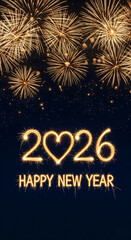 Happy New Year 2026 card with a heart, sparklers, and fireworks on a night sky background 2