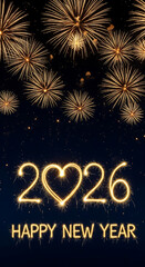 Happy New Year 2026 card with a heart, sparklers, and fireworks on a night sky background