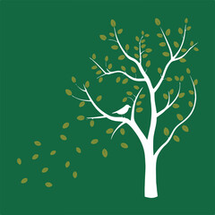 tree white tree with green leaves and perched bird vector illustration