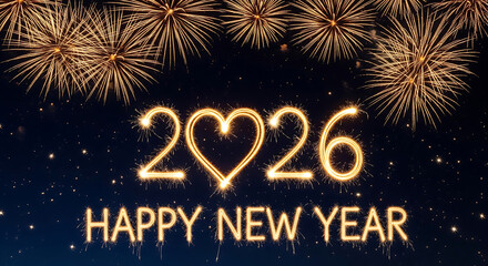 Happy New Year 2026 card with a heart, sparklers, and fireworks on a night sky background