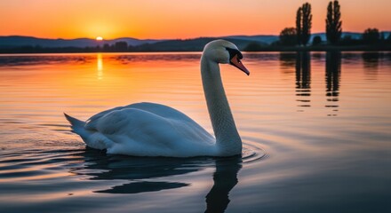 Fototapeta premium Serene Swan at Sunset: Elegant Bird Swimming in Golden Lake Reflections
