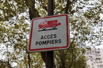 Access for firefighters road sign in French Access Pompiers