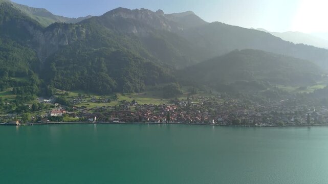 Brienzersee, Brienz, Switzerland. Lake Brienz in Summer, Aerial drone shot. Morning in the Alps Mountains