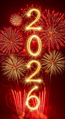 Happy New Year 2026. Vertical sparkler numbers against a festive red fireworks background.