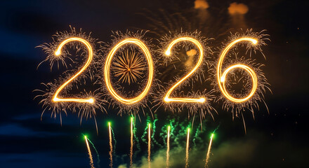 Happy New Year 2026. Wide banner with sparkling numbers and a colorful fireworks show