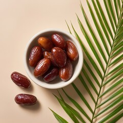 A small white bowl filled with glossy, brown dates placed on a light beige background.
