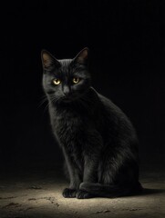 Obraz premium A black cat sits on the ground in a dark environment, often used as a mysterious or ominous scene