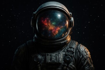 Astronaut portrait with nebula reflections in visor dramatic light deep space mood