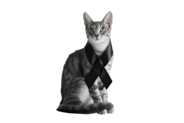 Cat in mourning ribbon studio setting animal portrait neutral background close-up emotional symbolism