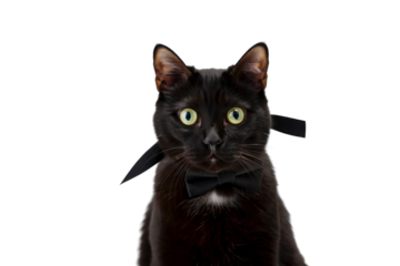 Playful black cat in bow tie studio setting pet photography whimsical vibe close-up perspective