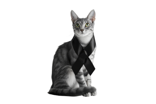 Cat in mourning ribbon studio setting animal portrait neutral background close-up emotional symbolism