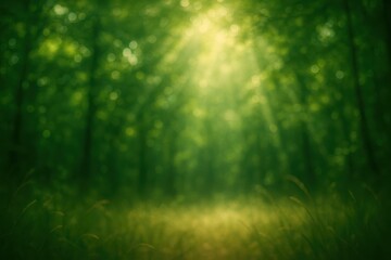 Fototapeta premium Green forest bokeh background with sunbeams and wild grass dreamy summer mood