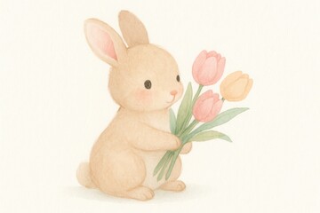 Obraz premium Cute baby bunny holding tulip bouquet hand painted watercolor on clean white paper