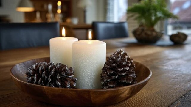 Two lit white pillar candles and several pinecones are arranged in a wooden bowl on a rustic wooden table indoors