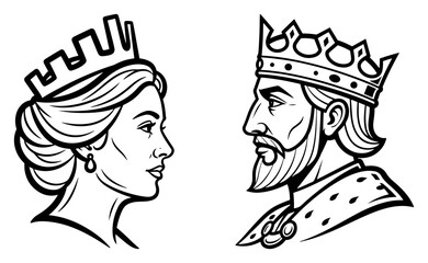 King and queen portraits line art illustration – hand drawn royal couple vector graphic