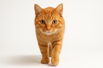 Obraz premium Ginger cat walking toward camera on white background curious expression and raised tail