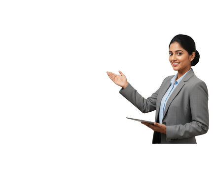 A smiling woman in a business suit presenting with her hands outstretched, against transparent background