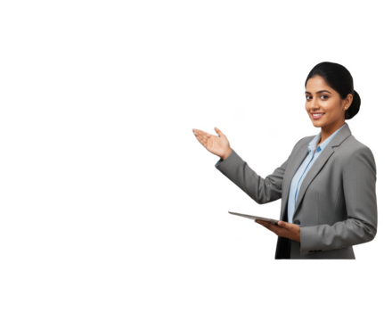 A smiling woman in a business suit presenting with her hands outstretched, against transparent background