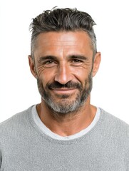 Fototapeta premium Attractive mid aged mature Brazilian man with a friendly demeanor, facing the camera, isolated on white background.